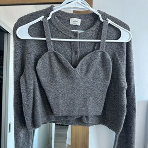 Grey Aritzia sweater set in comfy part cashmere.